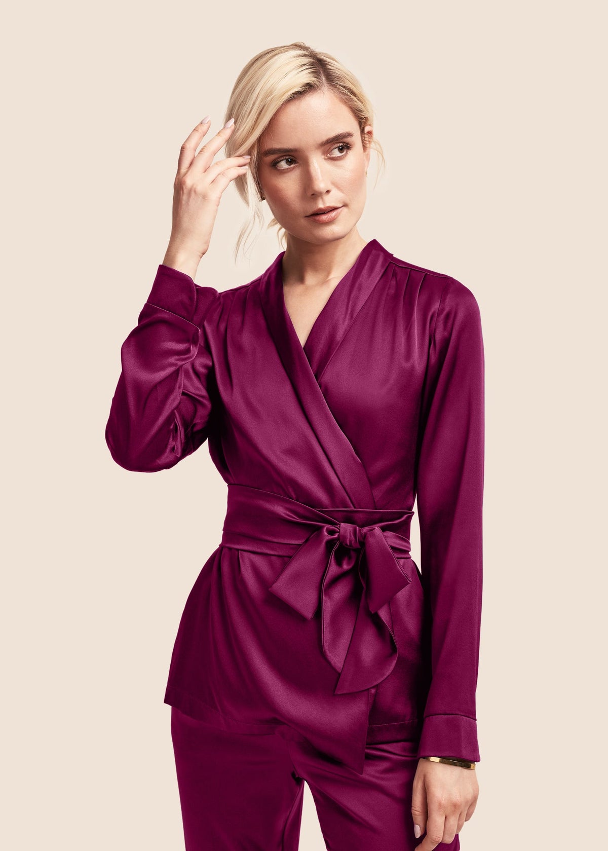 Roxy Burgundy Silk Wrap Jacket - MAIMIE LONDON